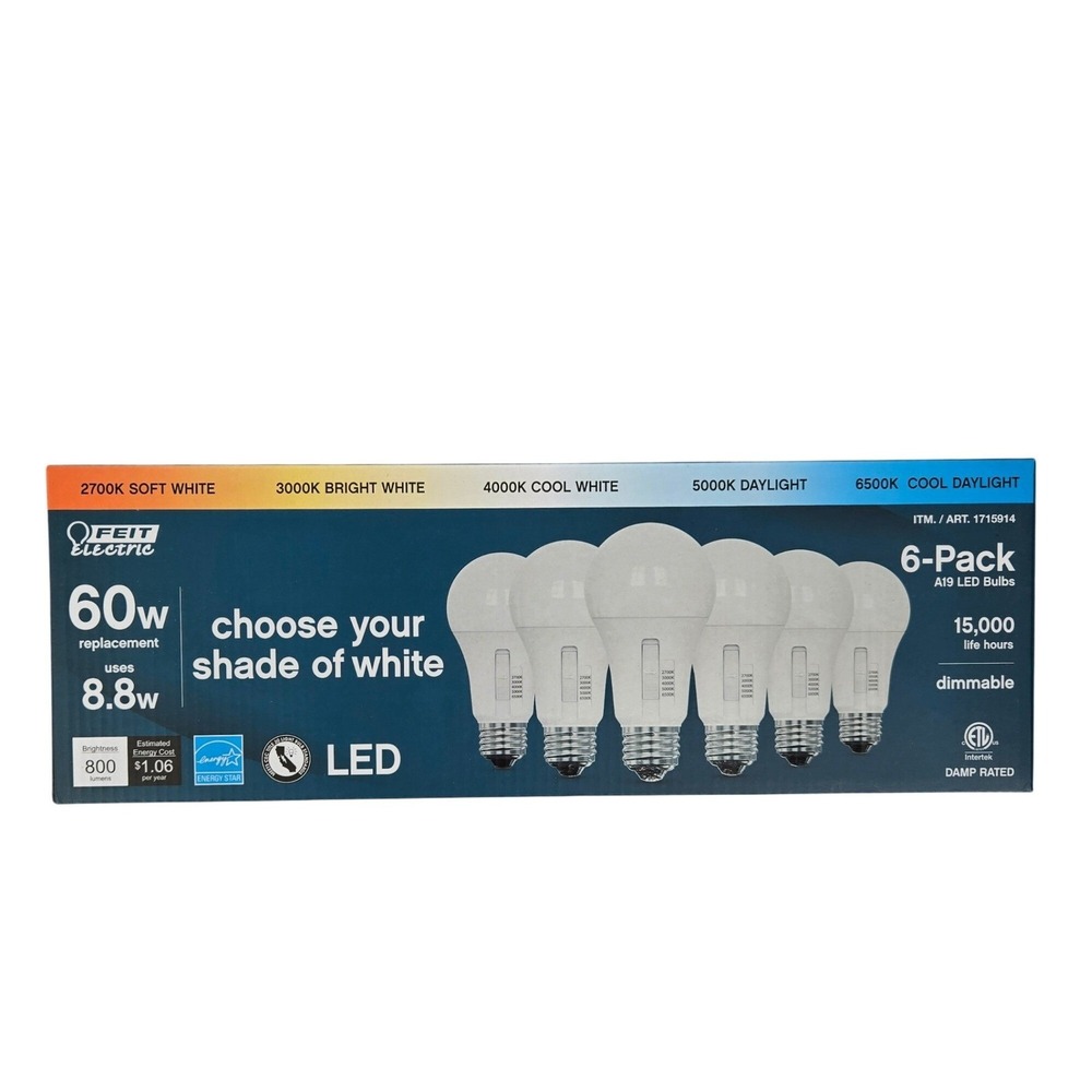 Feit Electric New 6-Pack 60W Replacement A19 LED Bulbs Selectable White Home